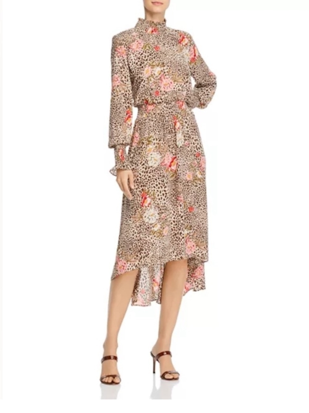 Nanette Lepore smocked animal print floral mock neck  dress.